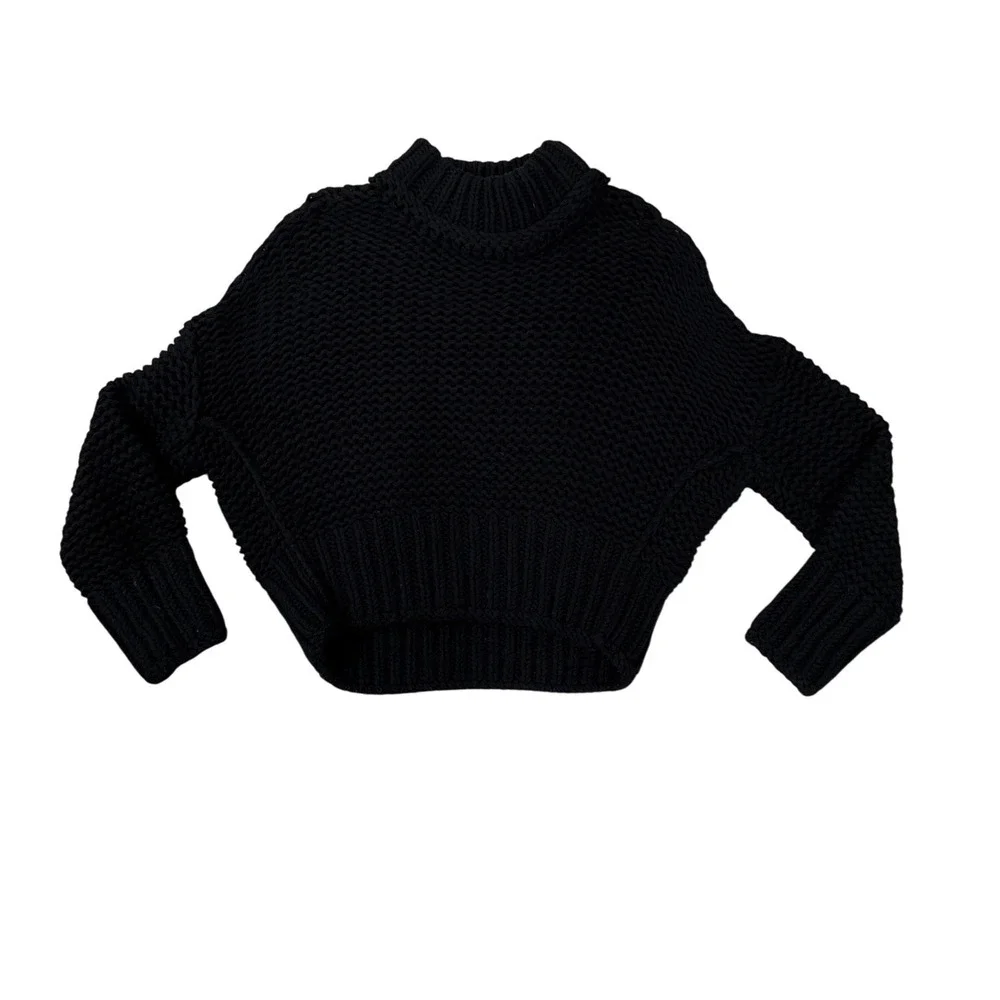Free People Sweater Womens S Black Chunky Knit Mock Neck Cropped Batwing